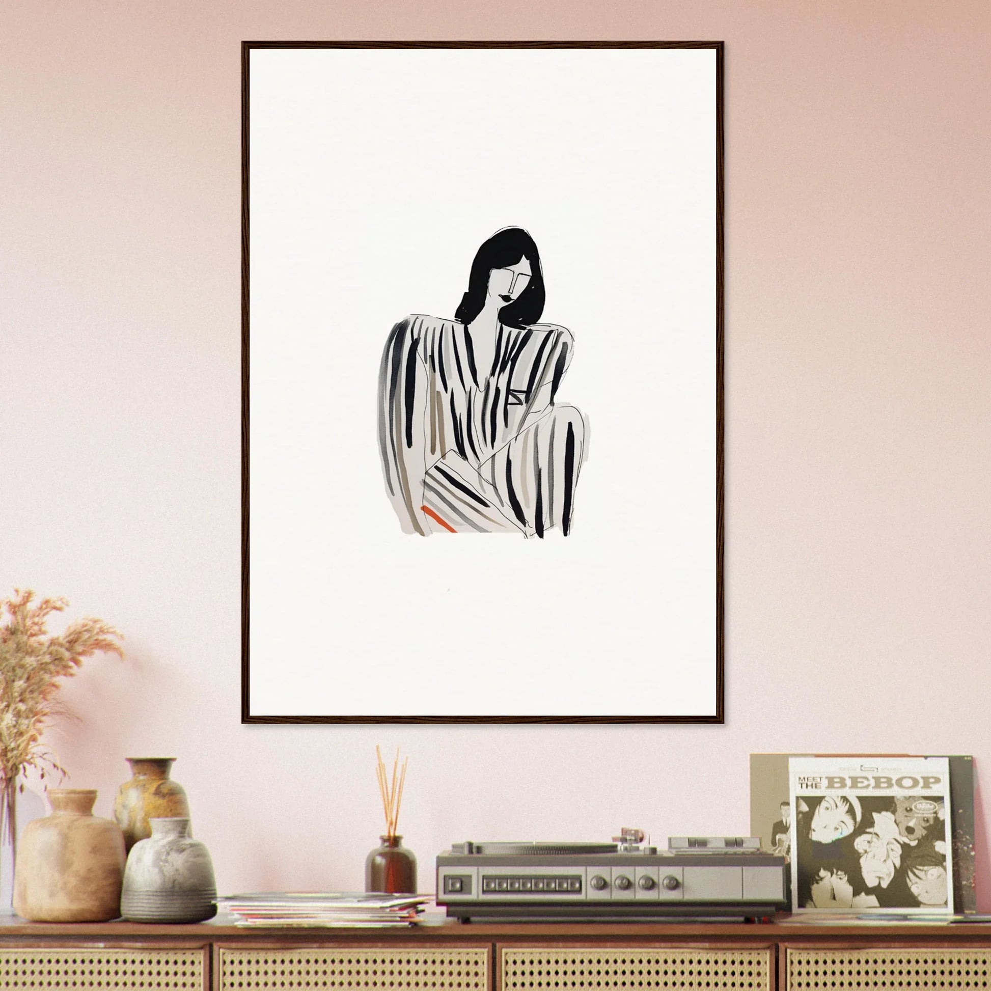 Framed black and white canvas print of a woman in Striped Whispers Formals