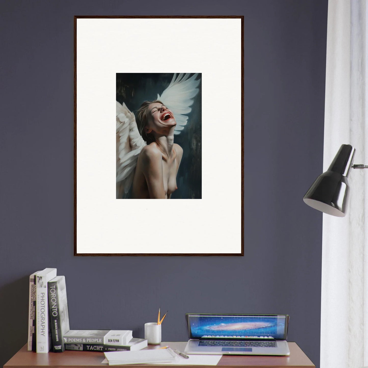 Framed portrait wall art of a person with windswept white hair and red lipstick