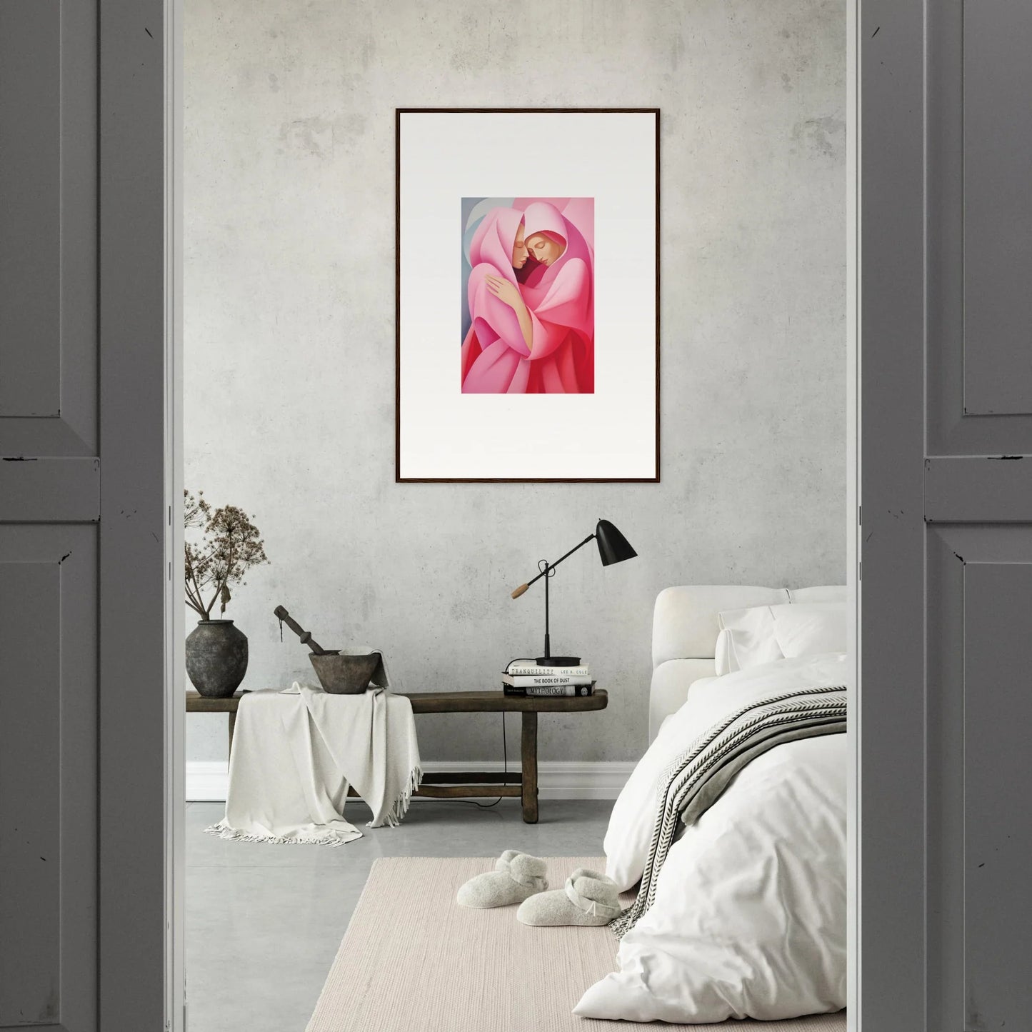 Framed abstract pink and red shapes on Glimmer Verse Tapestry for stylish room decoration