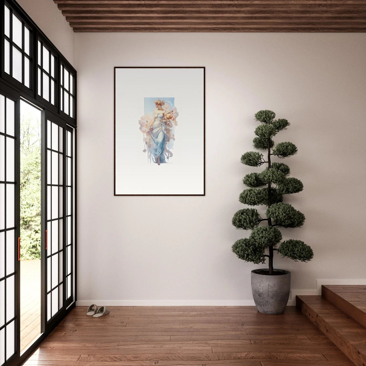 Framed watercolor canvas print of an abstract figure for room decoration, Bouquet Waltz