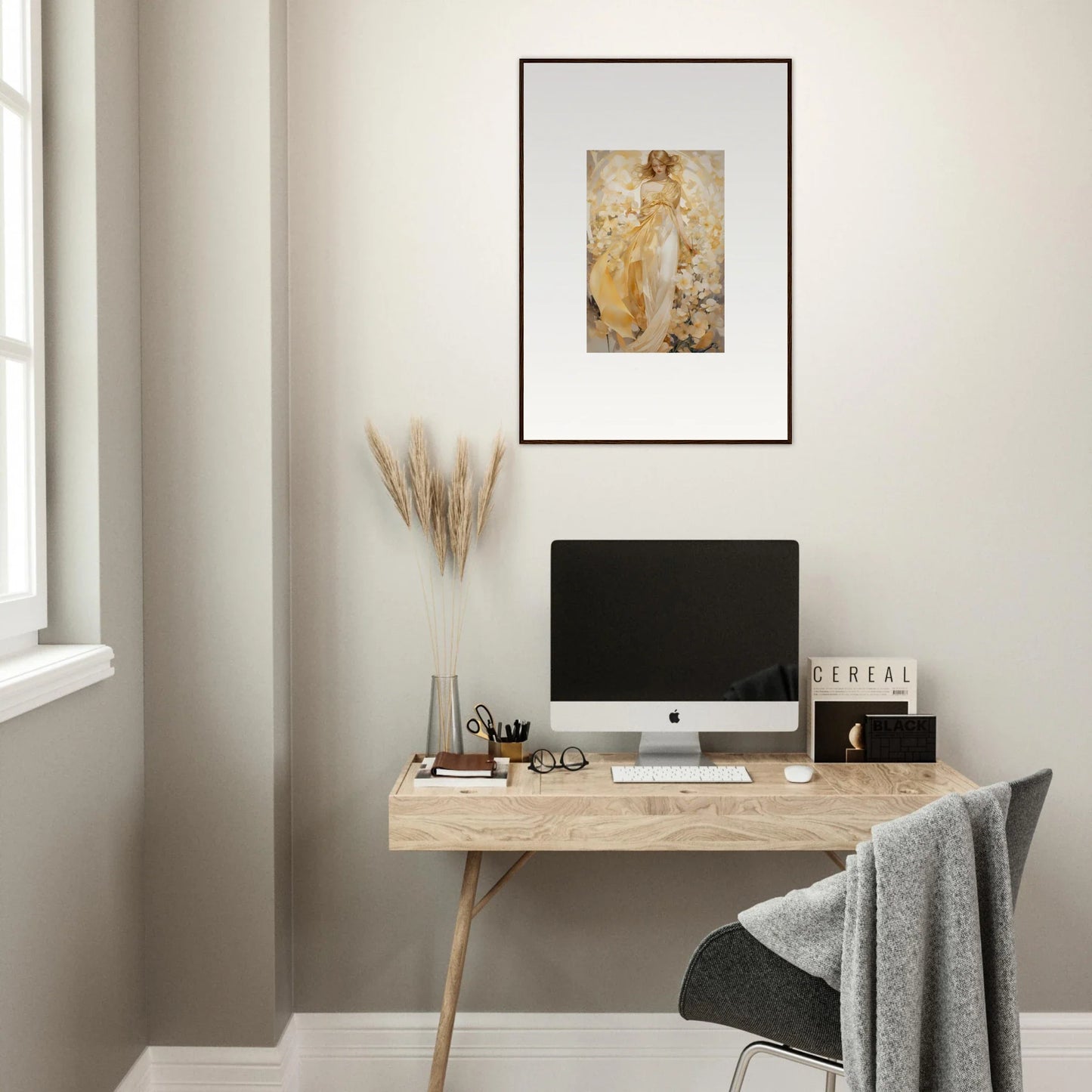 Minimalist wooden desk with computer and Ethereal Tango canvas print for stylish room decoration