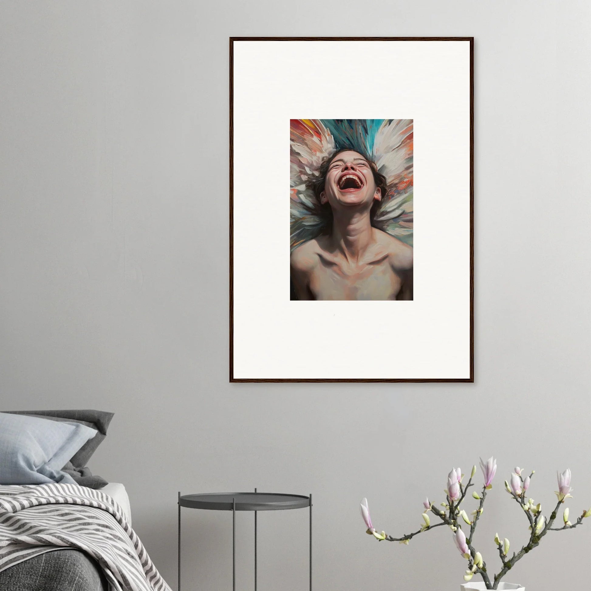 Colorful canvas print of a laughing person for vibrant aura bloom room decoration