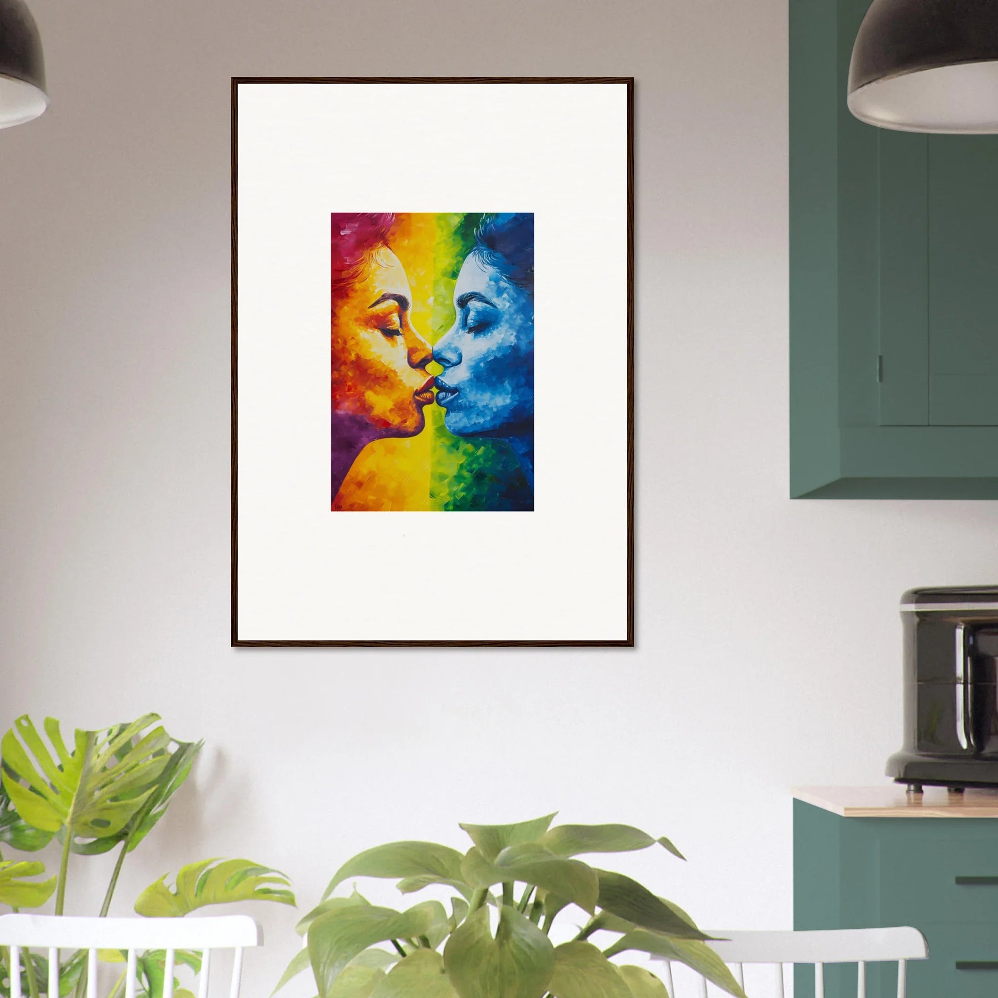 Colorful canvas print of a serene kiss, perfect for stylish room decoration