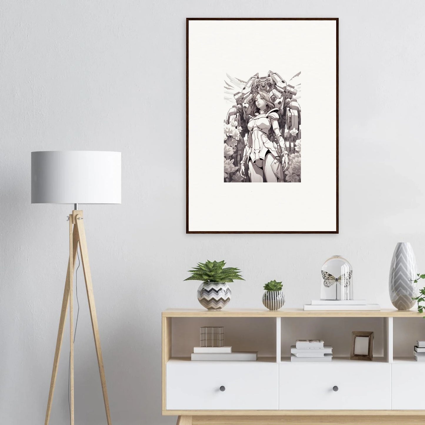 Framed black and white canvas print of a figure with headdress for cool room decoration