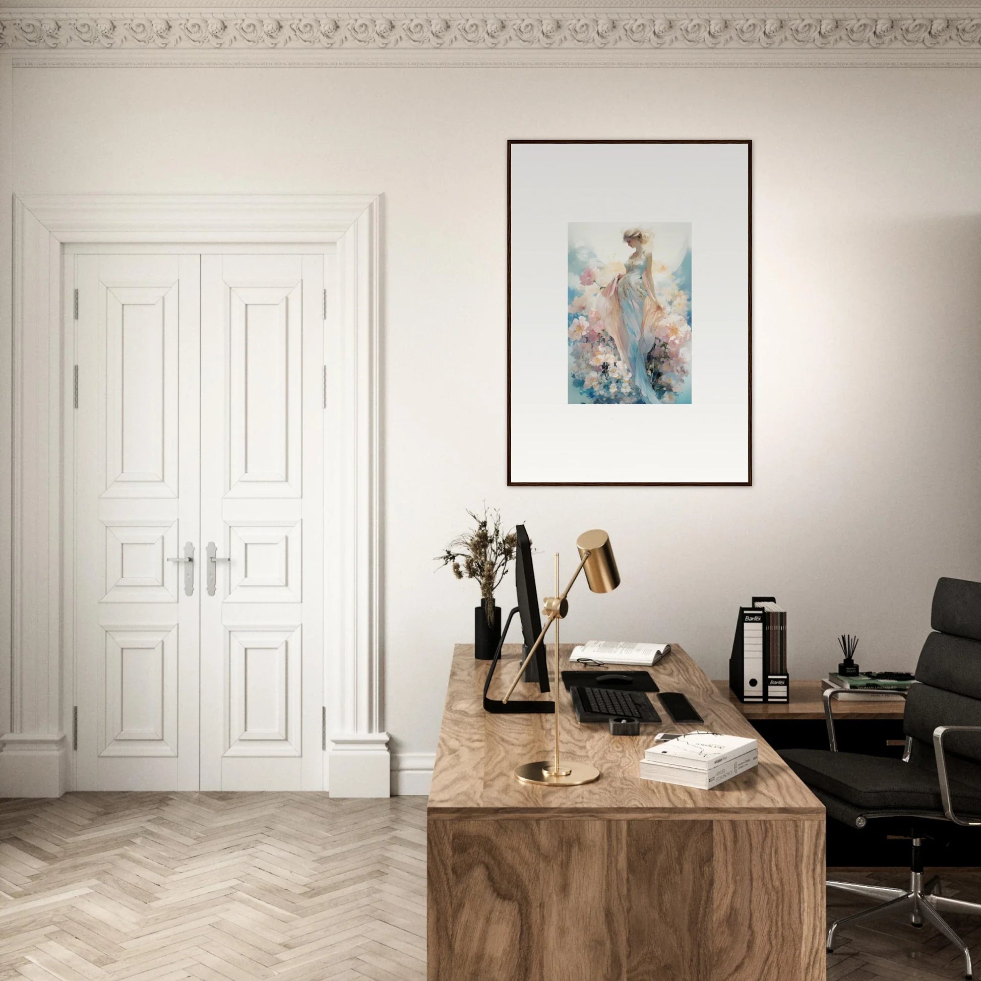 Wooden desk with typewriter and books for dreamy effulgence room decoration