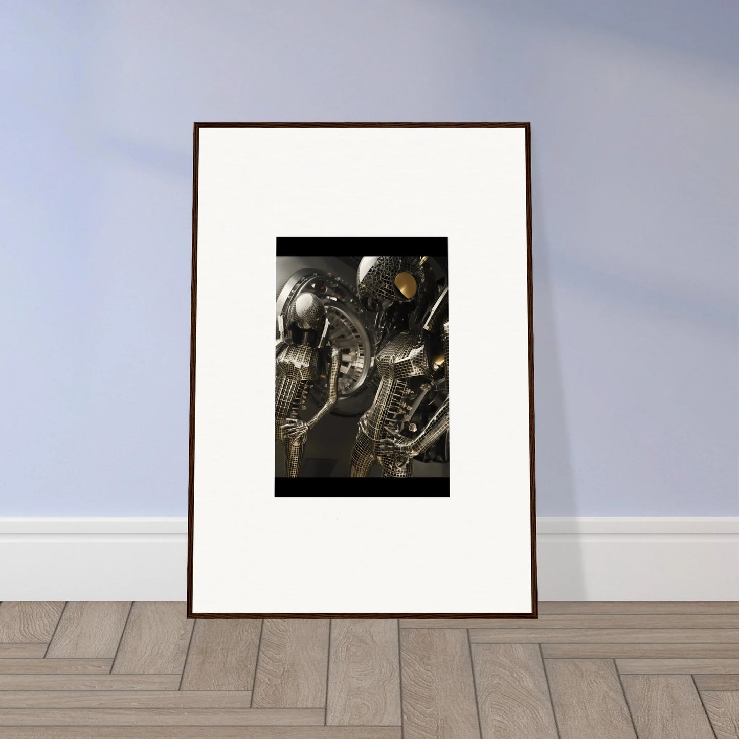 Framed black and white canvas print of medieval armored figures for room decoration