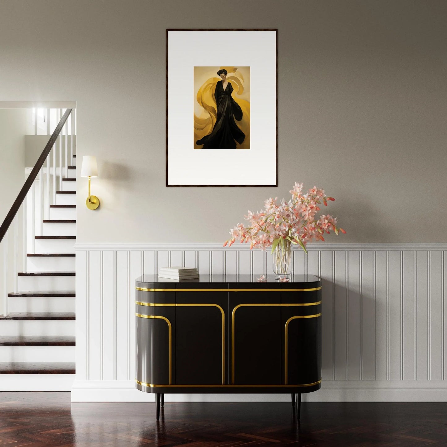 Elegant black and gold console table with sleek design for stylish room decoration