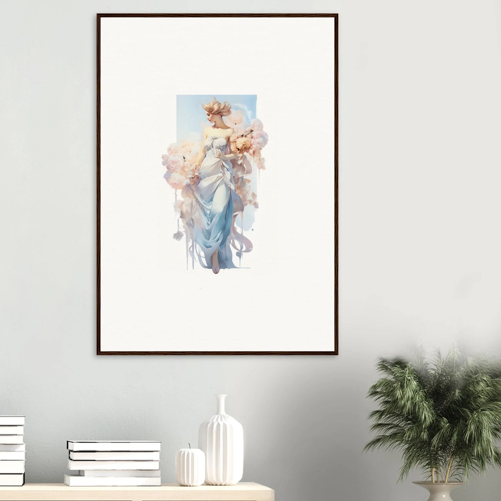 Framed watercolor of a graceful figure in blue robes, perfect for bouquet waltz room decoration