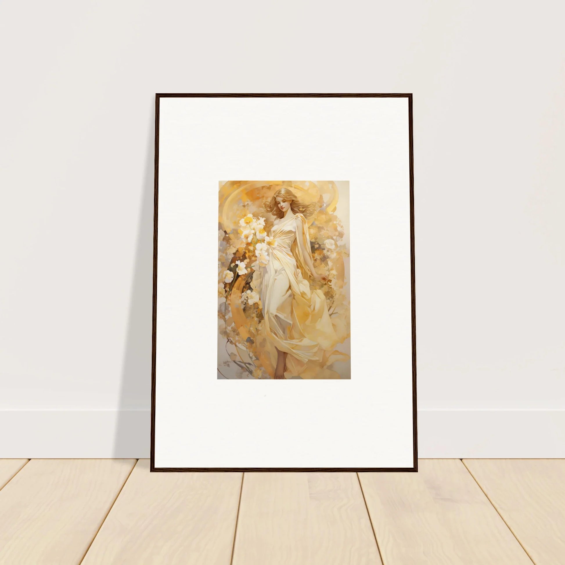 Framed canvas print of a woman in a white dress for a warm ethereal symphony vibe