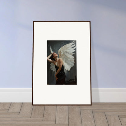 Framed canvas print of Ethereal Femme Ascent with dramatic figure and white wings for room decoration