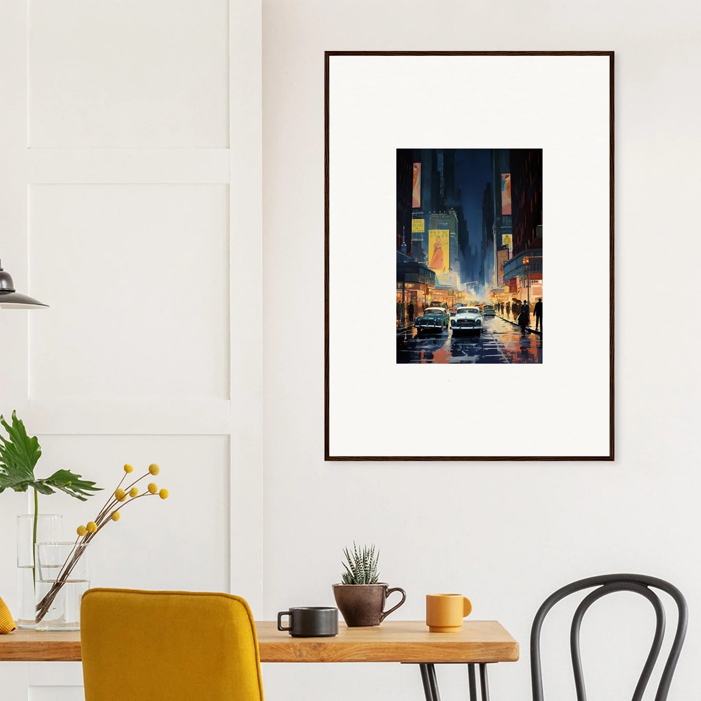 Framed canvas print of a rainy city street at night for unique room decoration