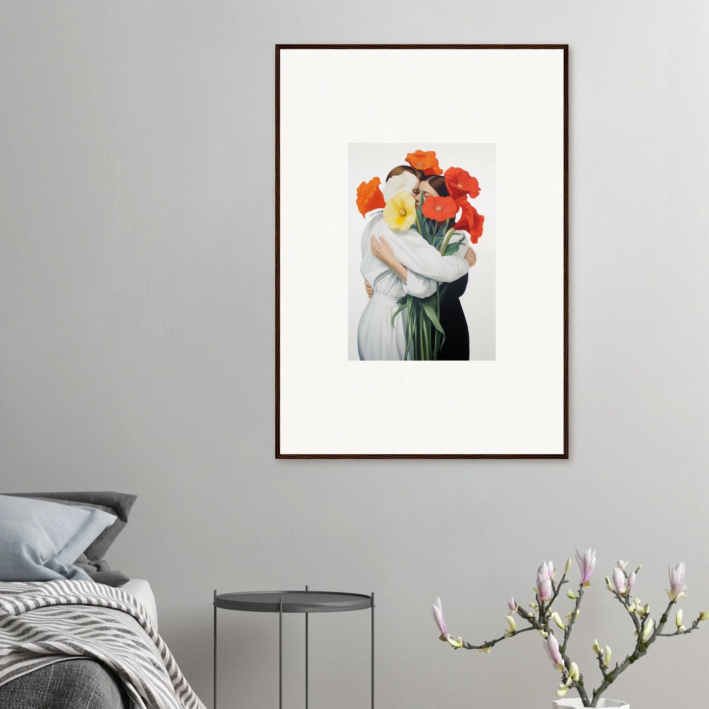 Framed canvas print of Vortex Embrace with colorful flowers for cool room decoration