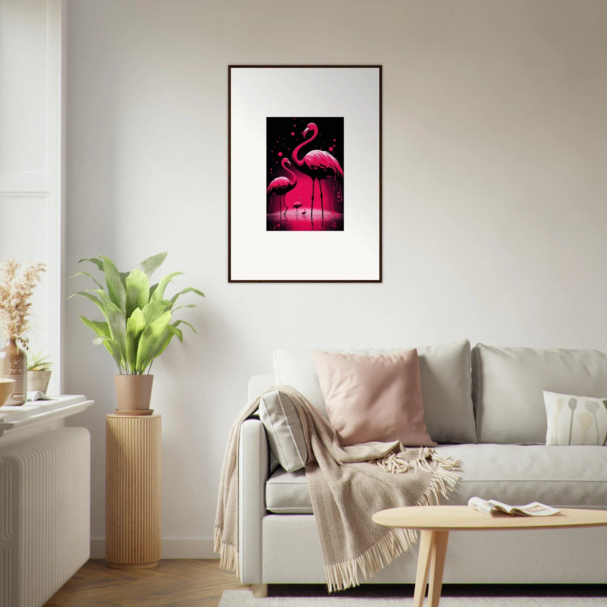 Framed canvas print of pink flamingos, perfect for feather wanderers room decoration