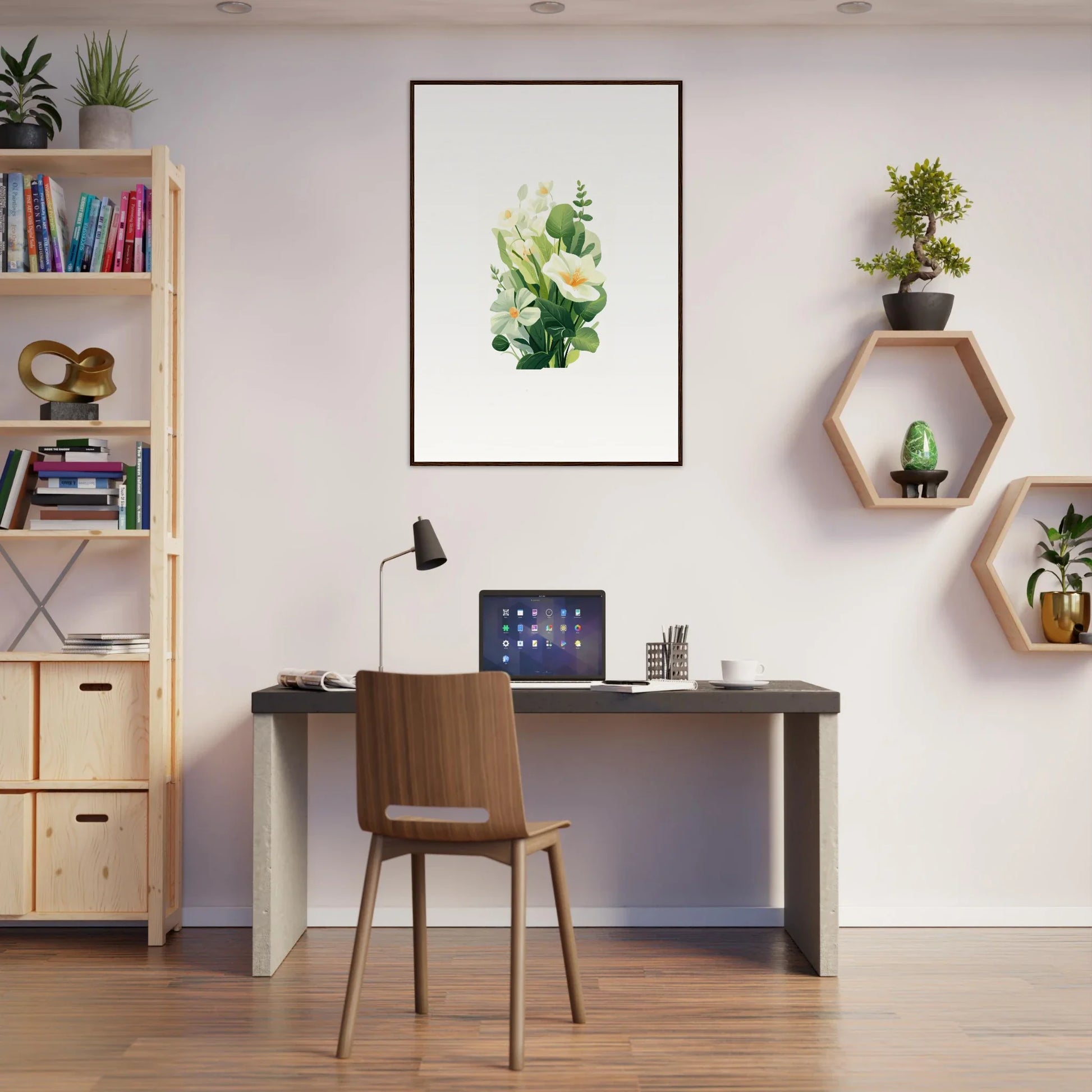 Cozy home office with desk and chair, featuring Garden Whispers canvas print decor