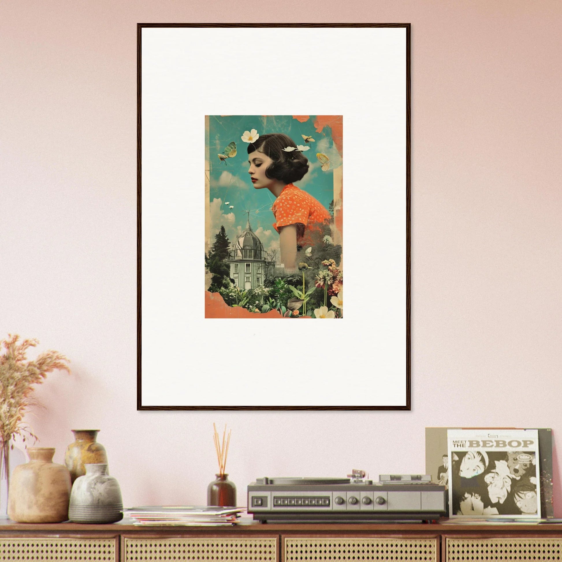 Framed canvas print of Dreamer’s Botanical Parade with a woman’s profile and butterflies