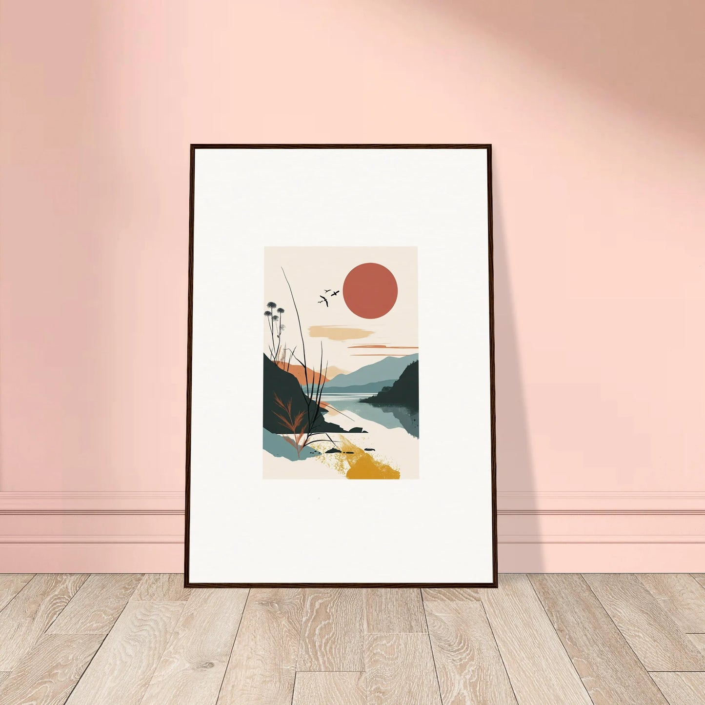 Framed abstract canvas print of Sunrise Unfurled with sun, mountains, and water for room decoration