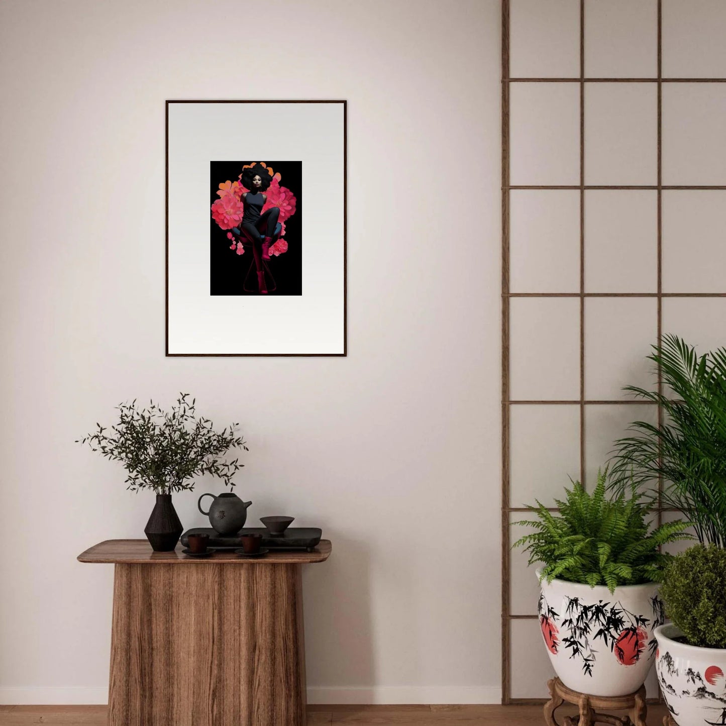 Vibrant pink shapes on black in the Eternal Equinox Sovereign canvas print for room decoration