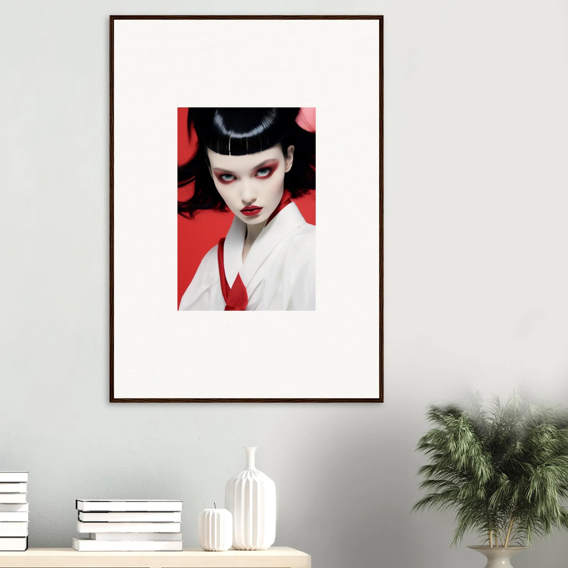 Framed canvas print of a woman with geisha makeup, perfect for cherry dream room decoration