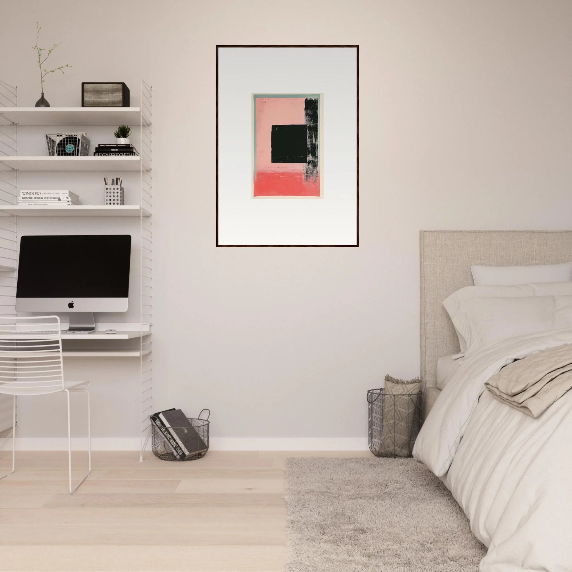 Minimalist bedroom featuring Elysian Frenzy canvas print with white walls and floating shelves