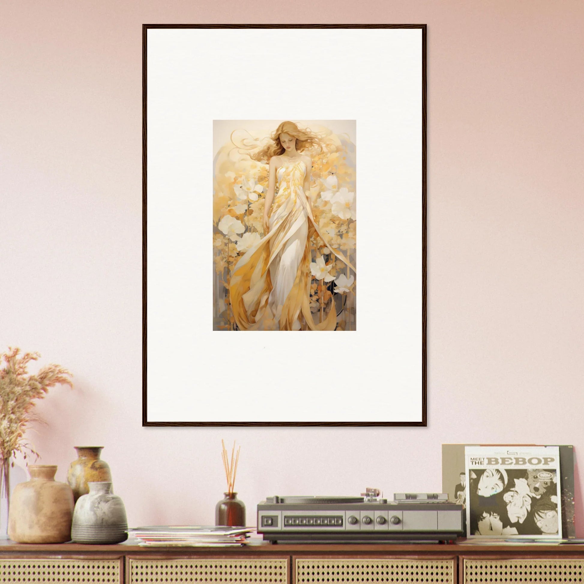 Framed canvas print of an ethereal female figure wearing golden robes for room decoration