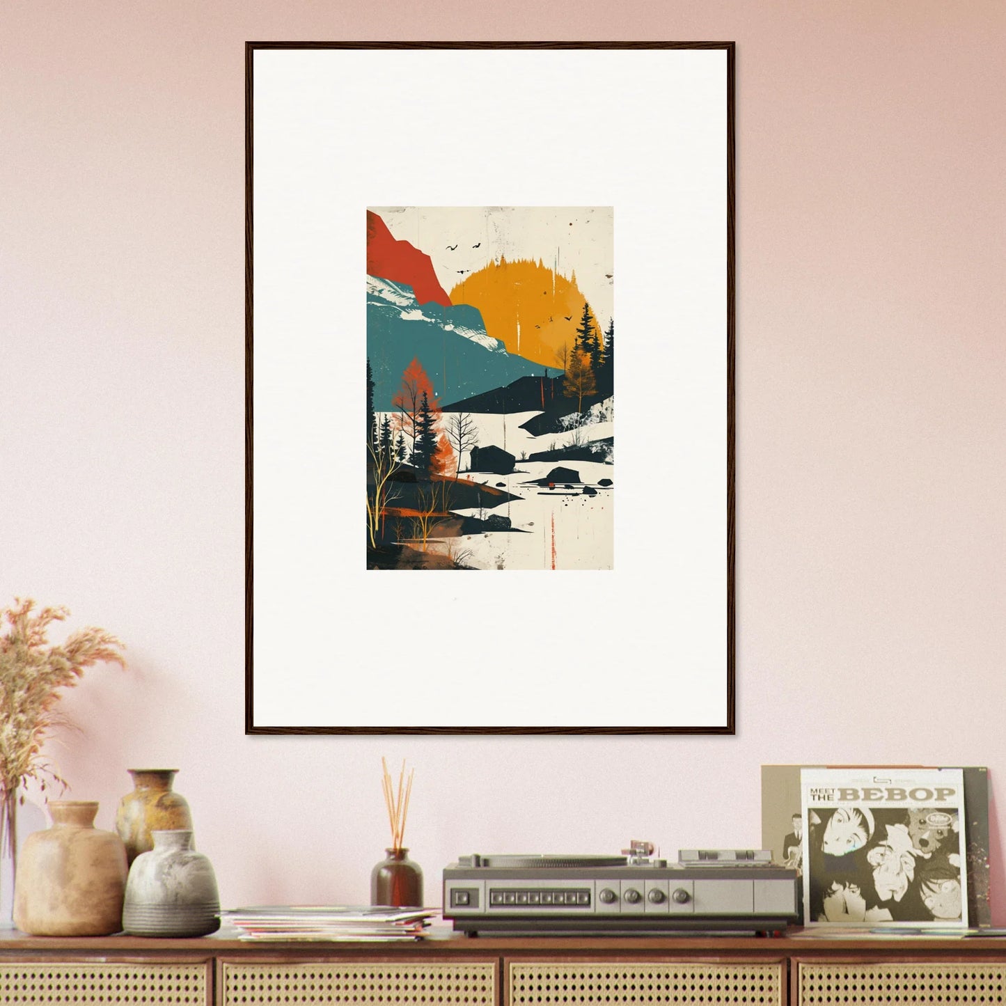 Framed abstract landscape artwork of mountains and trees for room decoration, Handshake Trembling Skylines canvas print