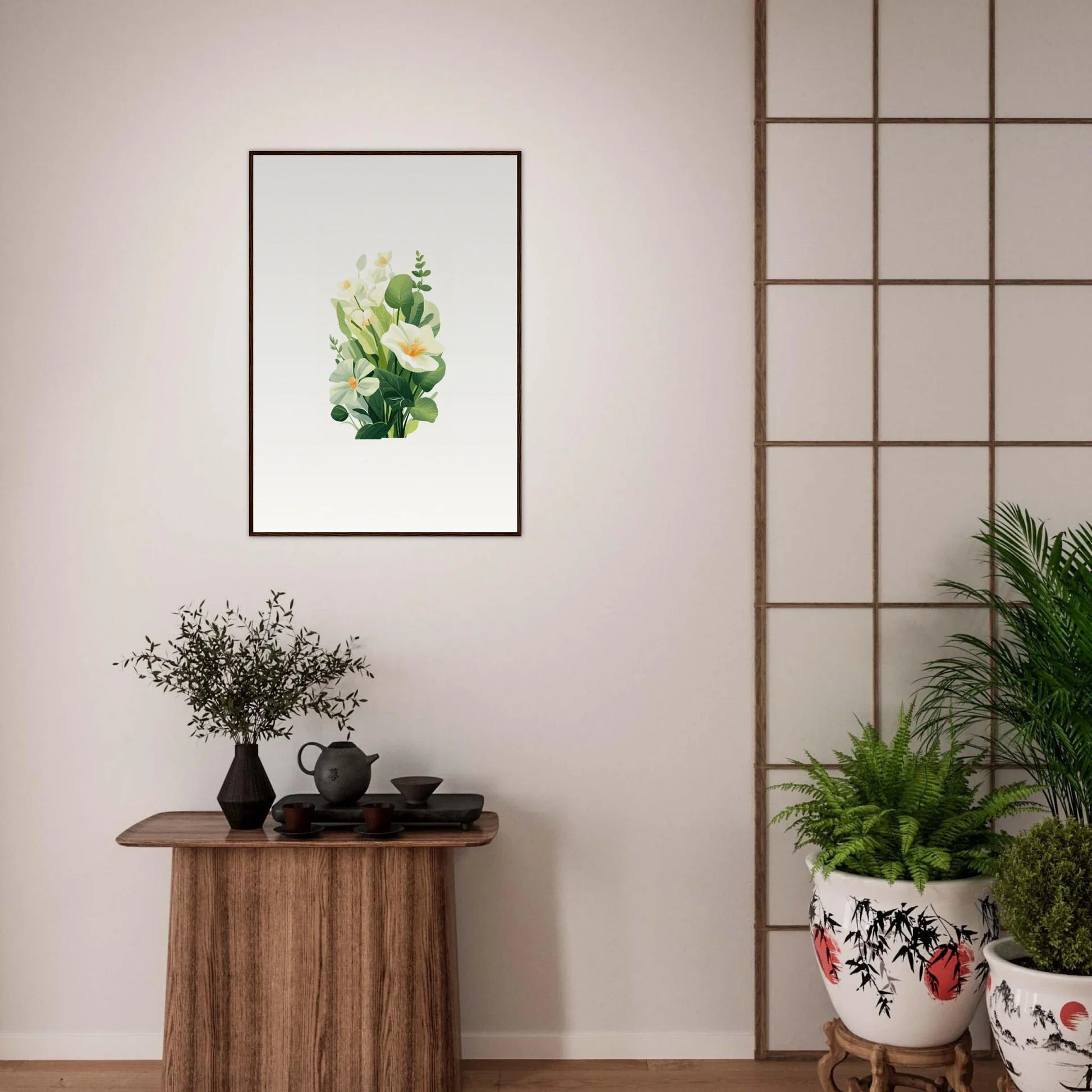 Framed botanical print of green leaves and yellow flower for garden whispers room decoration