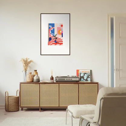 Wooden sideboard with cane-webbed doors, perfect for quantum gardens room decoration