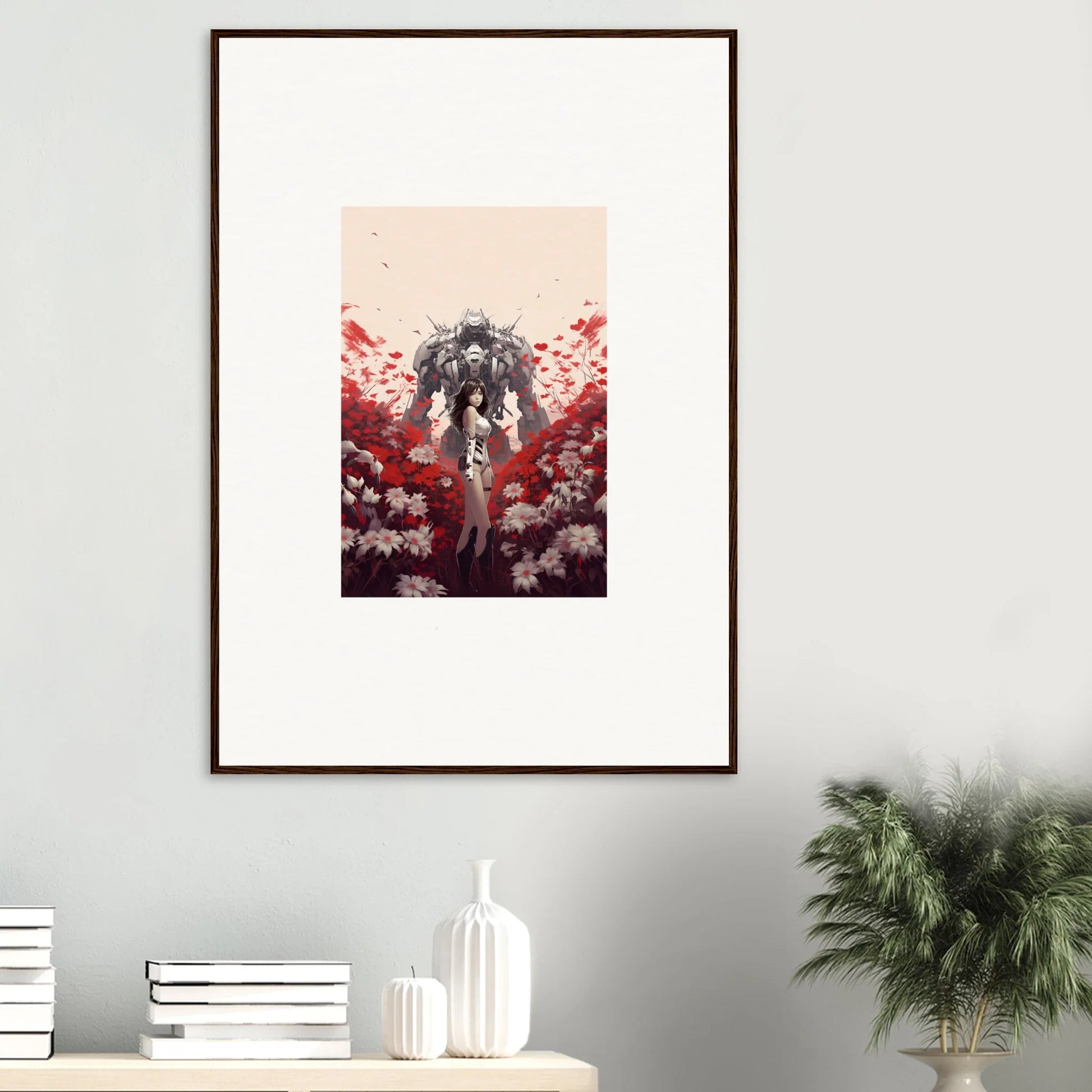 Framed canvas print of Boundary Whimsy with a figure and red and white flowers