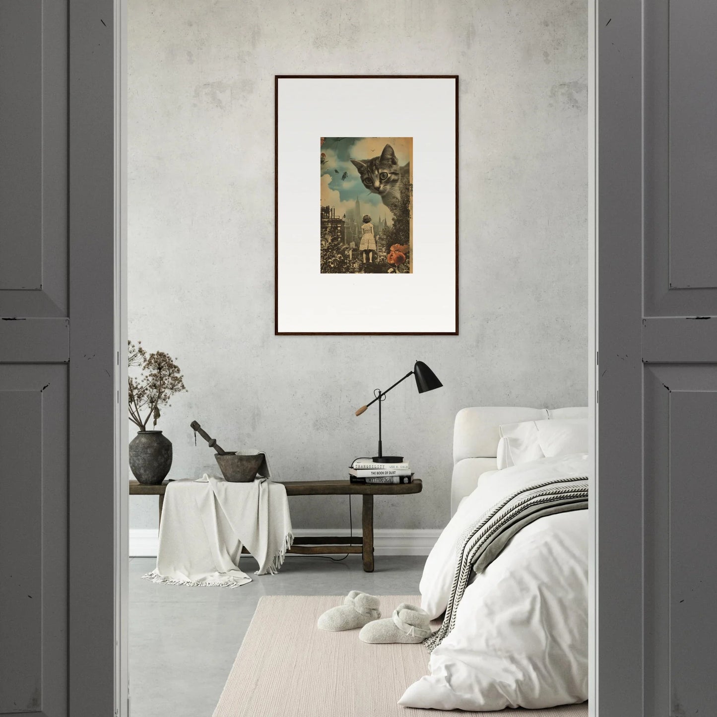 Framed surrealist cat face canvas print, perfect for unique room decoration wall art