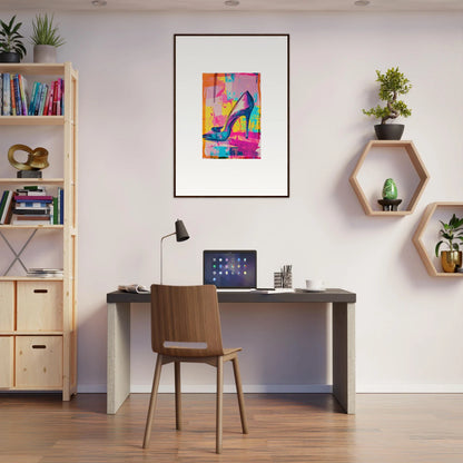 Modern home office showcasing stylish desk, chair, and framed wall art for room decor