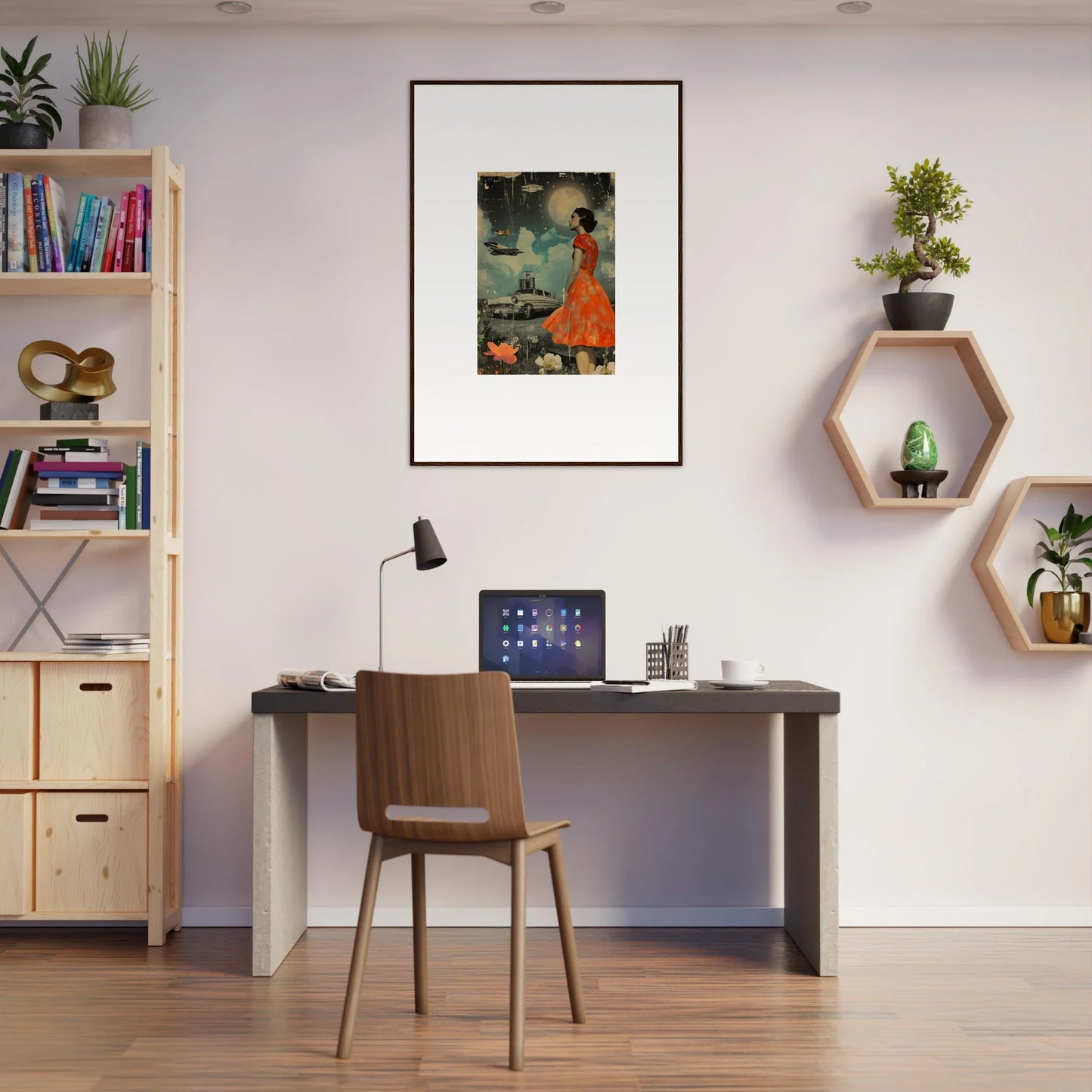 Home office workspace featuring a desk, retro bloom wall shelves, and cozy decor