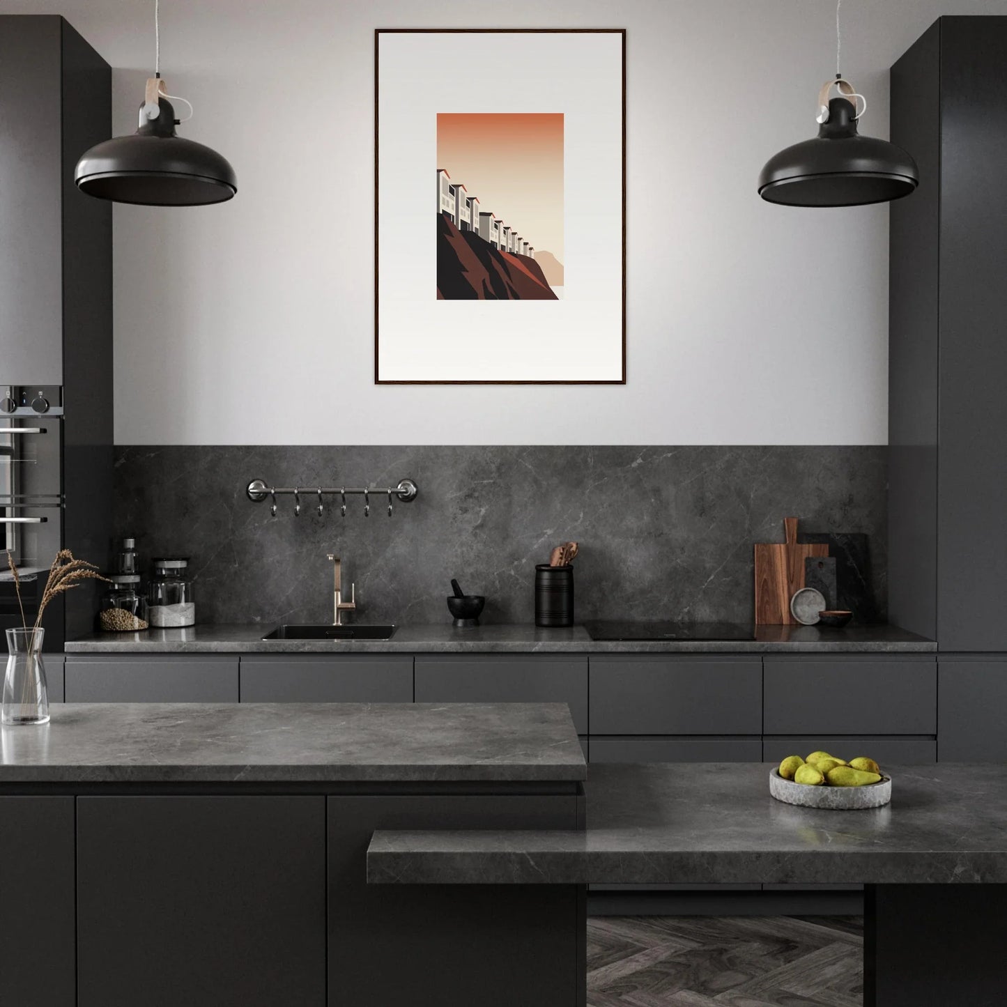 Modern kitchen with dark gray cabinets and wall art featuring a canvas print