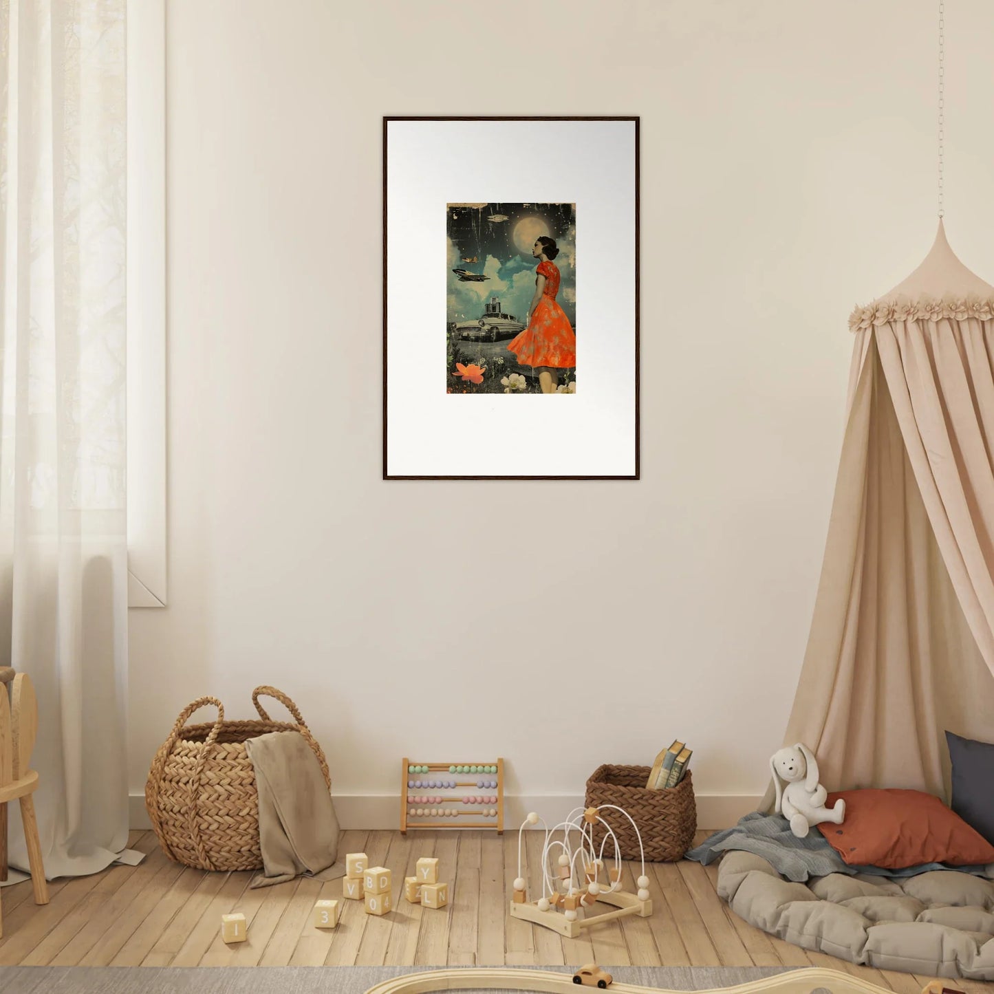 Framed canvas print of a figure in an orange dress for stylish room decoration