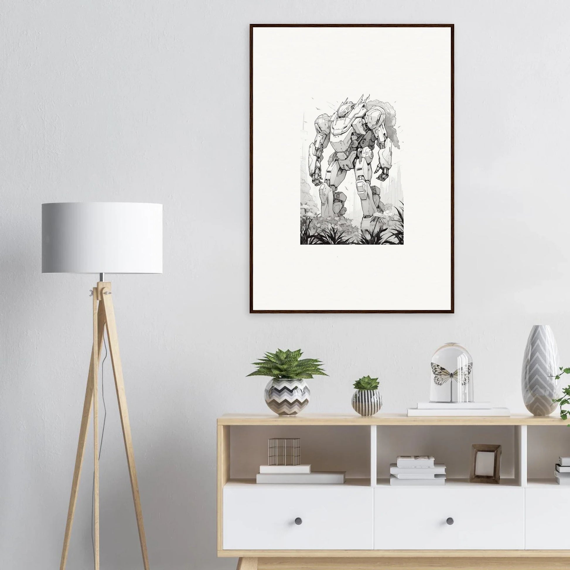 Framed black and white canvas print of a muscular winged figure for room decoration