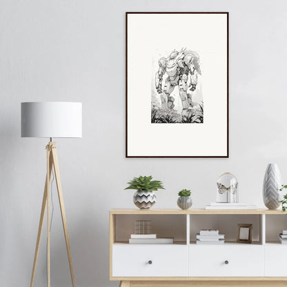 Framed black and white canvas print of a muscular winged figure for room decoration