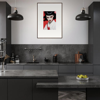 Sleek kitchen with dark cabinetry and a bold canvas print for a cherry dream vibe