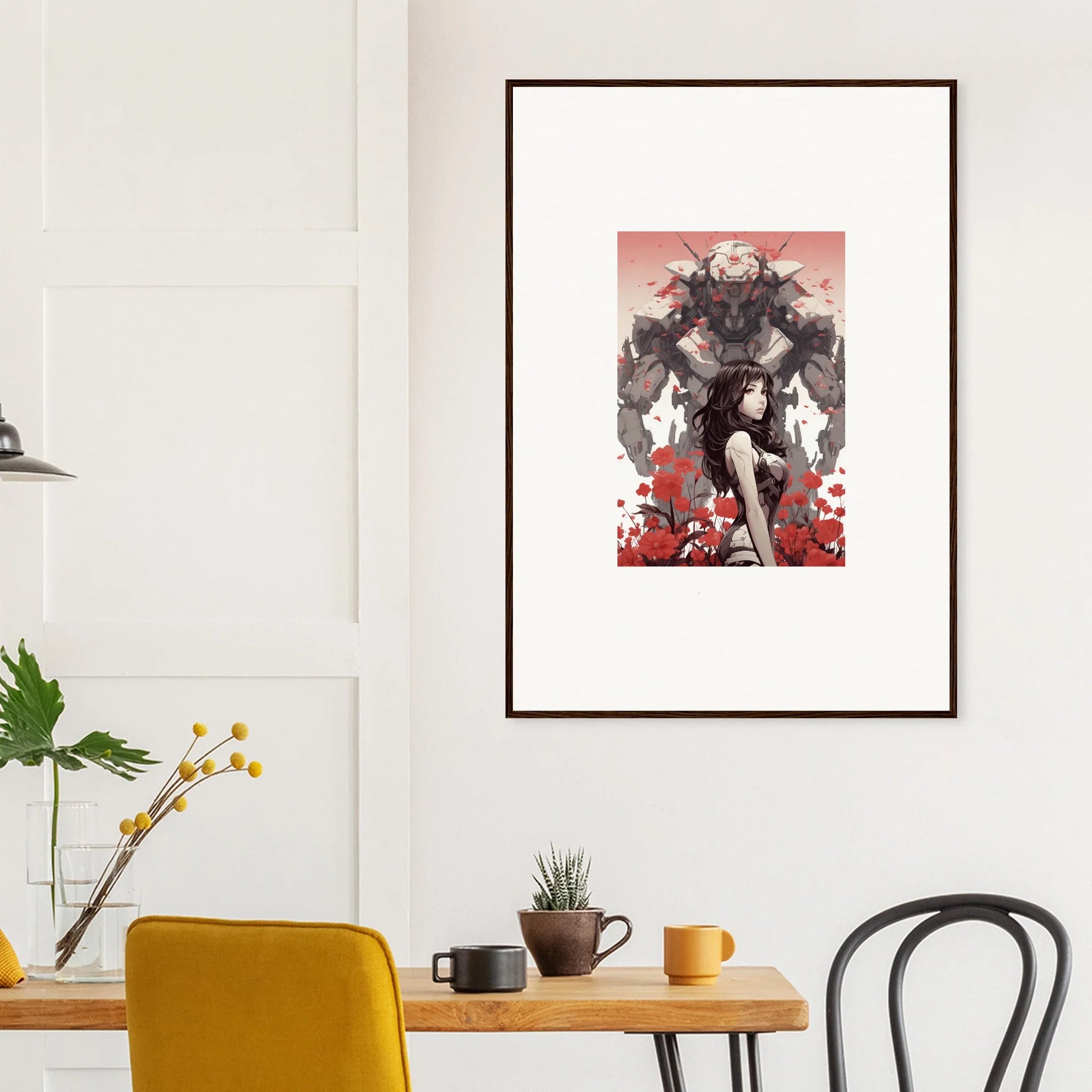 Framed wall art featuring a stylized figure with whimsical creatures for room decoration