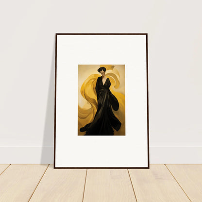 Framed canvas print of a figure in a black dress on golden sun waves for room decoration