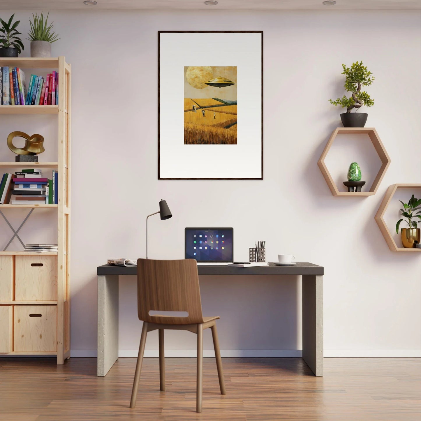 Home office setup featuring Melancholy Field canvas print and stylish wall decor