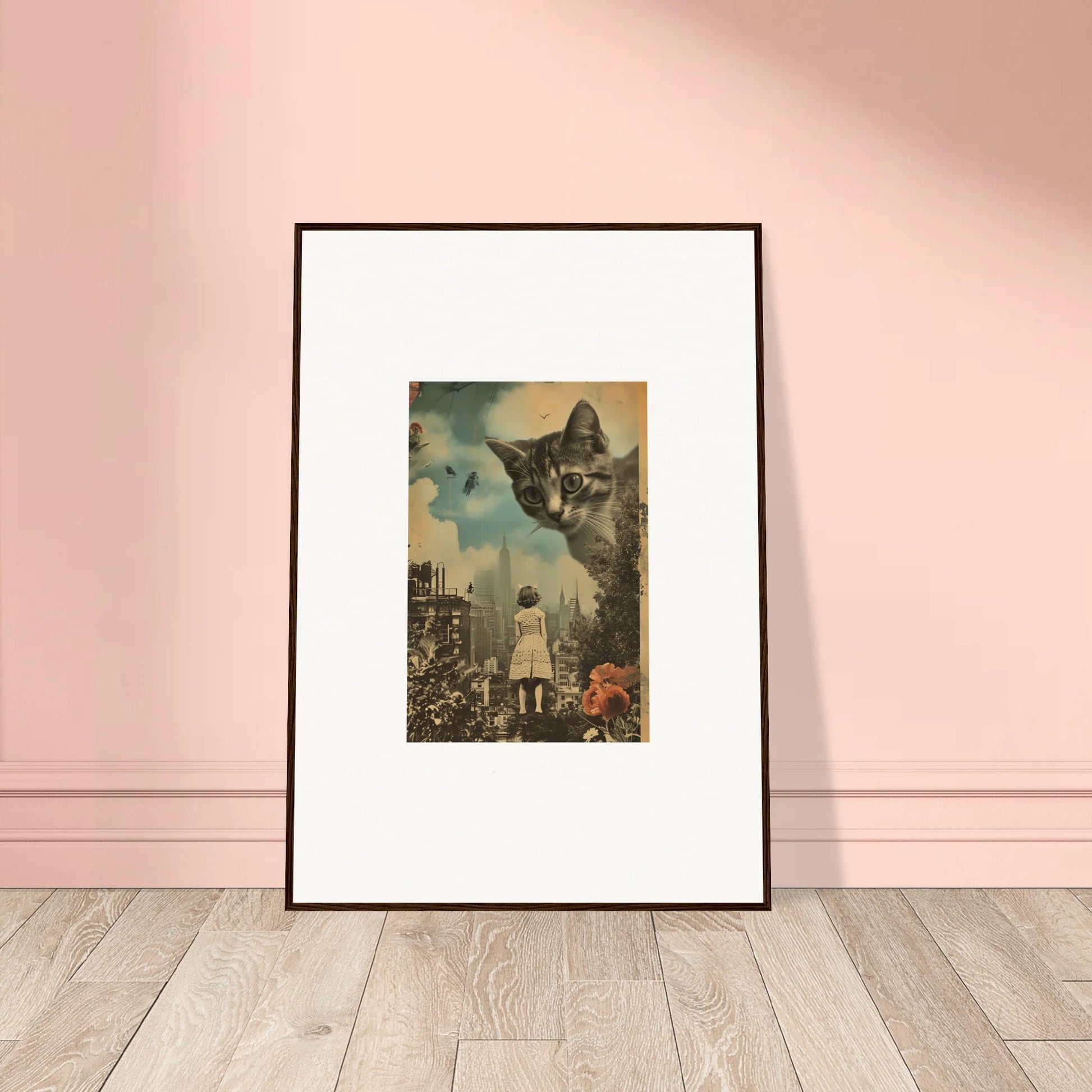 Framed canvas print of a cat’s surreal face in a cityscape for unique room decoration