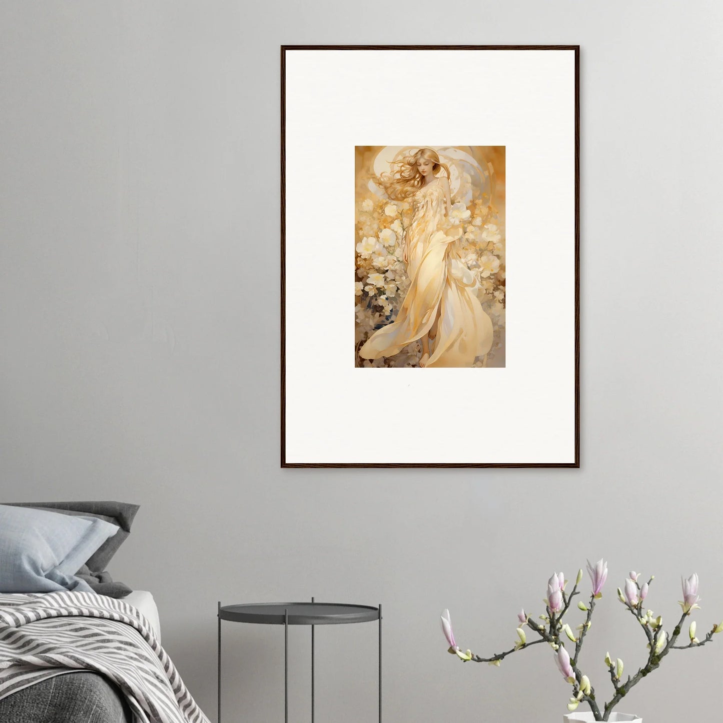 Ethereal female figure in golden tones, perfect for floral harmony room decoration canvas print