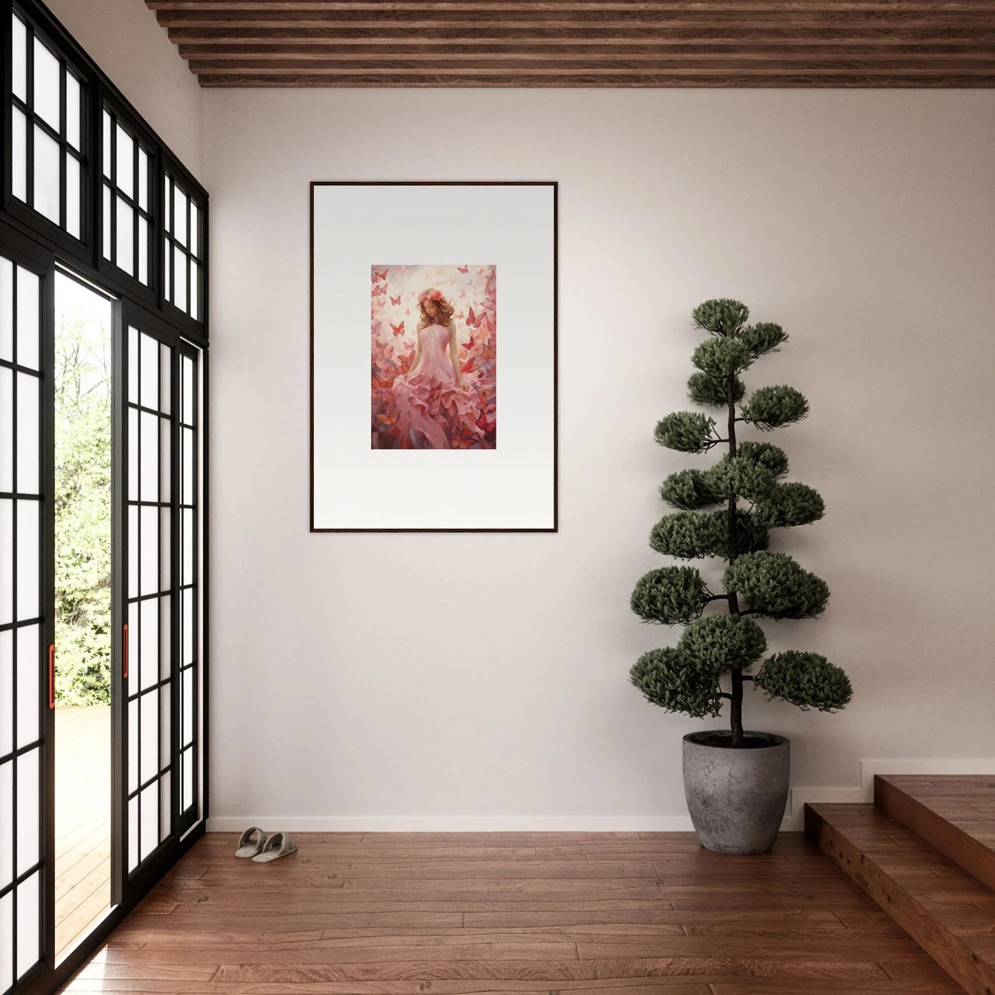 Framed canvas print of a figure and pink flowers for autumn lattice room decoration