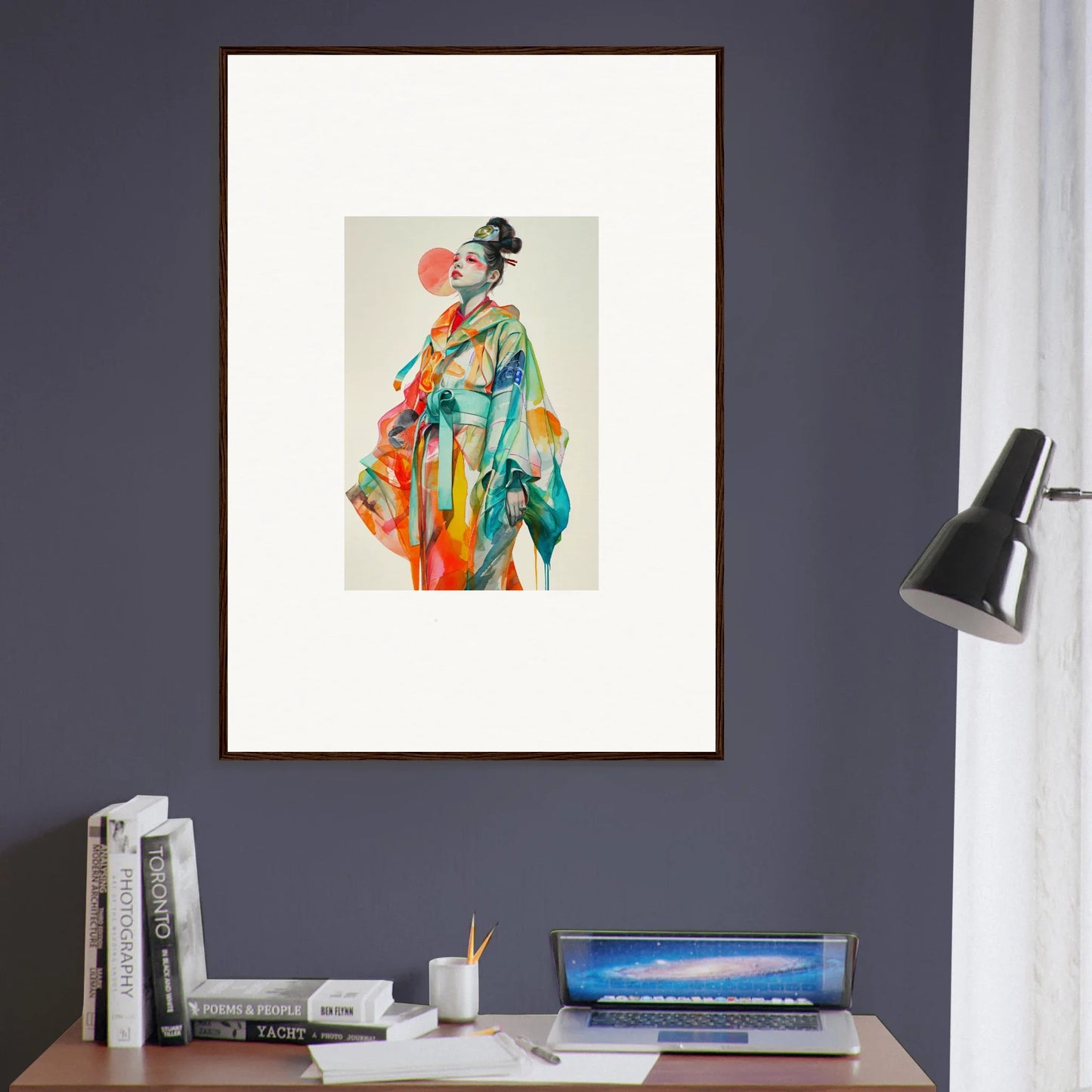 Framed canvas print of a figure in traditional Japanese attire showcasing rainbow essence