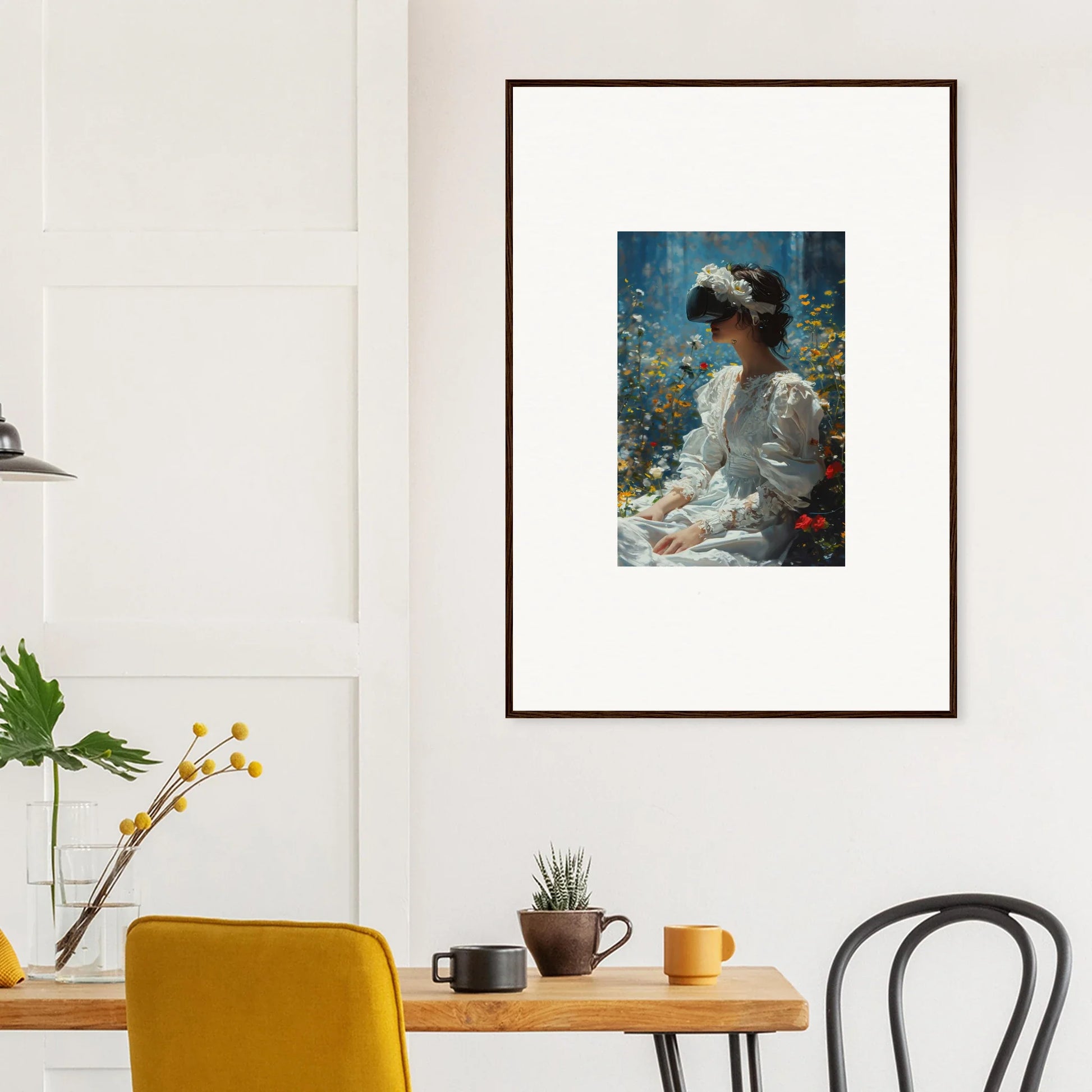 Framed canvas print of a woman in a white dress, perfect for Bloom Reverie room decoration