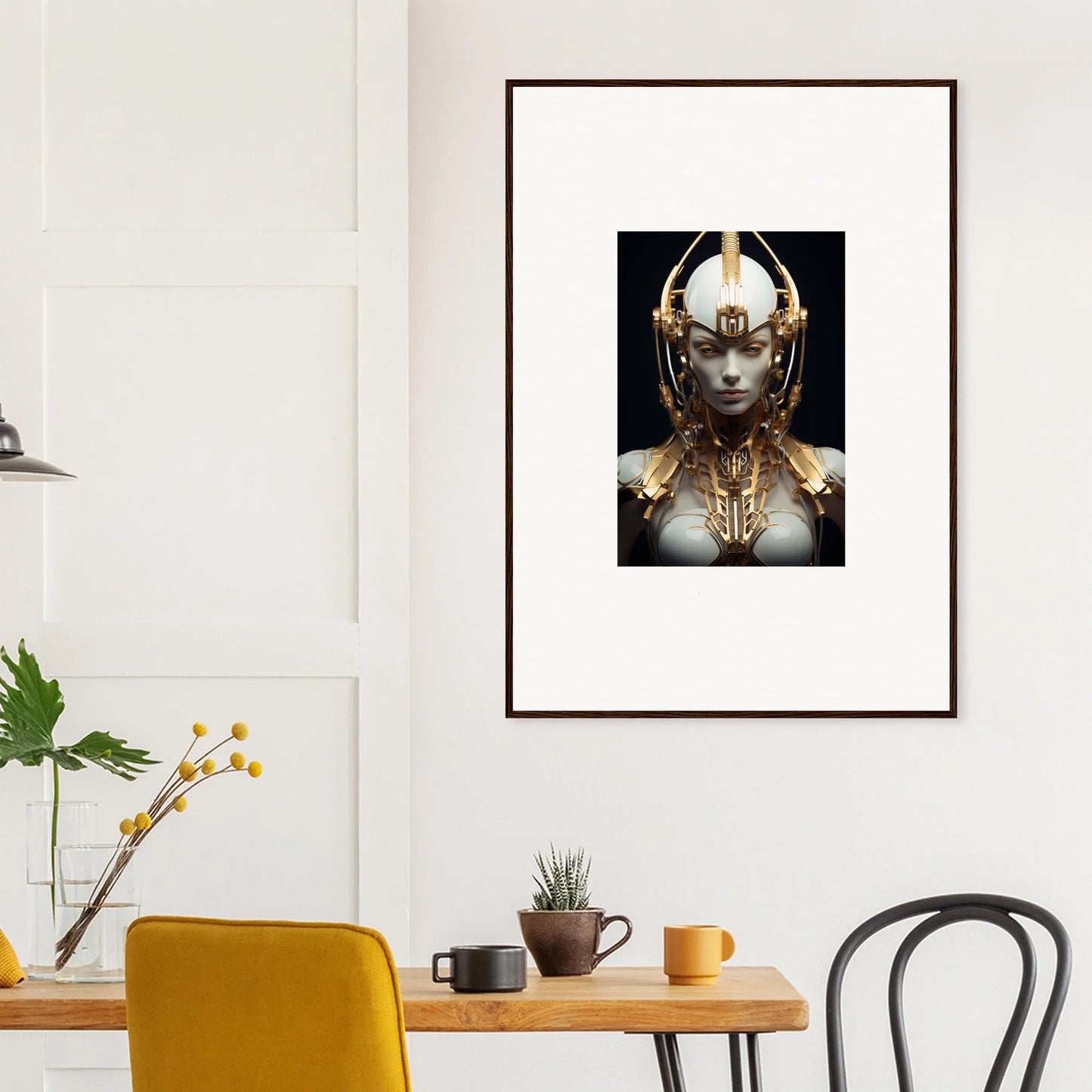 Framed canvas print of a futuristic Celestial Conductress face for cool room decoration