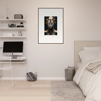 Framed canvas print of a futuristic metallic face, perfect for Kinetic Fulgrid Manifestation room decoration