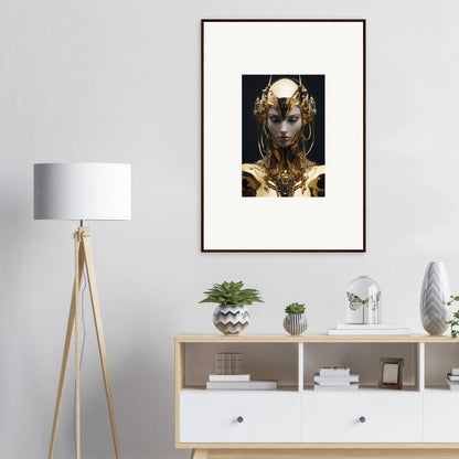 Surreal golden humanoid art for a unique room decoration and canvas print, Chirping Inventrix