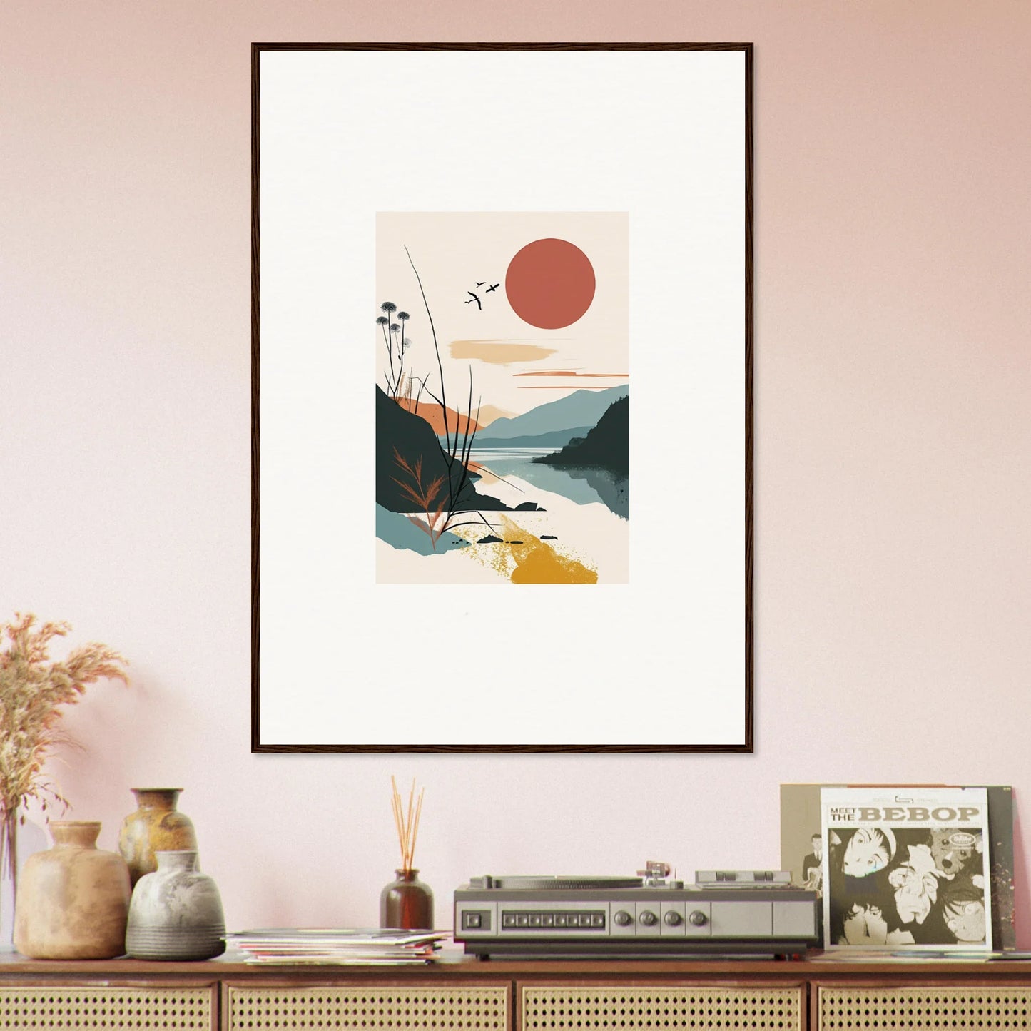 Framed minimalist landscape canvas print of Sunrise Unfurled over mountains and water