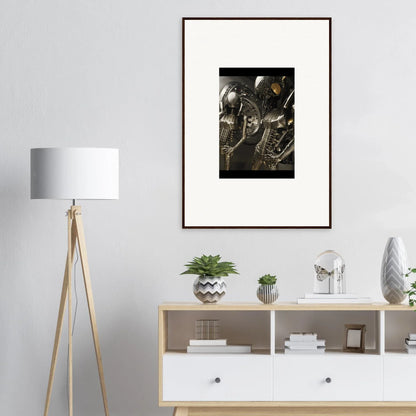 Framed black and white photo of armored figures for stylish room decoration