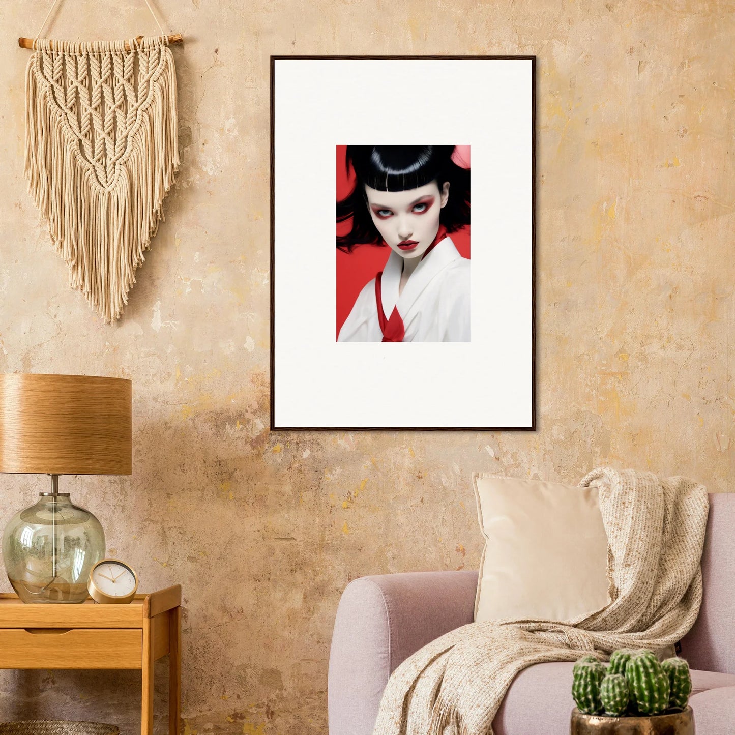 Framed canvas print of a woman with dark hair, dramatic makeup, perfect for cherry dream decor